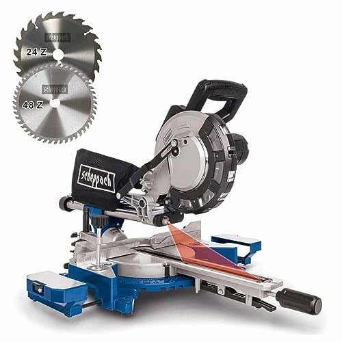 Scheppach HM216 gönye testere 2000 W, Ø 216 mm testere bıçağı, kesme kenarı lazerli ve LEDli 34 cm kesme genişliği, hızlı kilitli döner masa, 2 sert metal testere bıçağı dahil