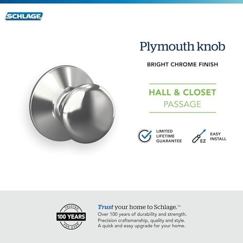 Schlage F10 PLY 625 Plymouth Kapı Topuzu, Koridor ve Dolap Geçiş Kilidi, Parlak Krom