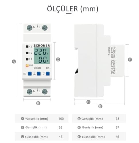 SCHONER® Gerilim Koruma Rölesi Yüksek Alçak Voltaj Akım Koruma Monofaze 63A Voltaj Koruyucu