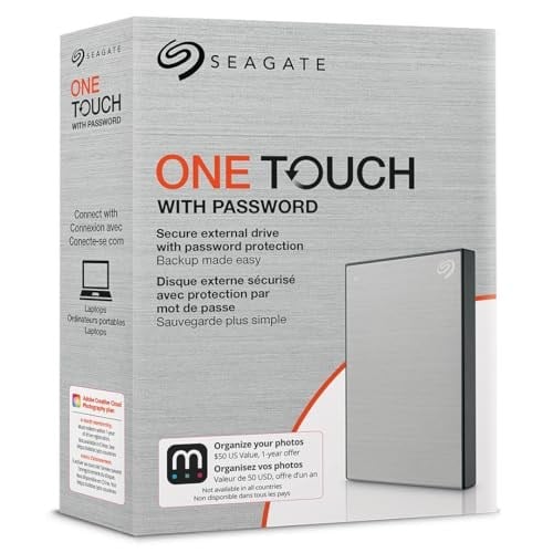 Seagate One Touch 2TB, Taşınabilir Harici Hard Disk (HDD) with Password, AES-256 Donanım Tabanlı Şifreleme,6 Aylık Mylio Fotoğraflar ve Dropbox Üyeli - Seçenekler: 1 TB, 2 TB, 4 TB, 5 TB, 12 TB, 14 TB