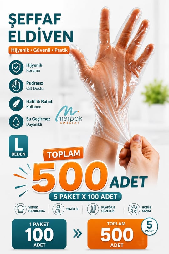 Şeffaf Eldiven Hışır Poşet Eldiven Tek Kullanımlık 5 x 100 Adet