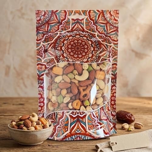 Şeffaf Pencereli Mandala Desenli Poşet, Kilitli Fermuar, Yeniden Kullanılabilir Saklama Torbası,Hazır Doypack, Farklı Kullanım Alanları (100, 15X21)
