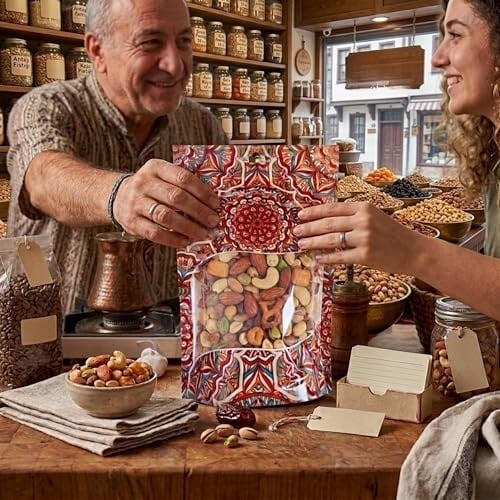 Şeffaf Pencereli Mandala Desenli Poşet, Kilitli Fermuar, Yeniden Kullanılabilir Saklama Torbası,Hazır Doypack, Farklı Kullanım Alanları (100, 15X21)