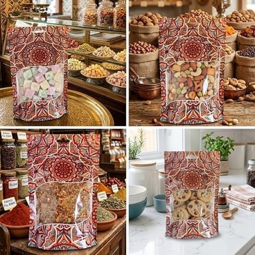 Şeffaf Pencereli Mandala Desenli Poşet, Kilitli Fermuar, Yeniden Kullanılabilir Saklama Torbası,Hazır Doypack, Farklı Kullanım Alanları (100, 15X21)