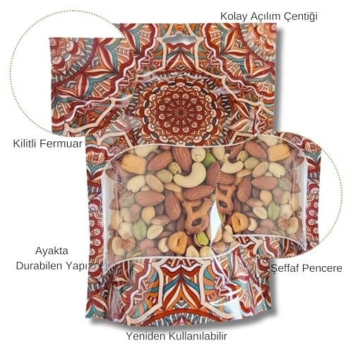 Şeffaf Pencereli Mandala Desenli Poşet, Kilitli Fermuar, Yeniden Kullanılabilir Saklama Torbası,Hazır Doypack, Farklı Kullanım Alanları (100, 15X21)