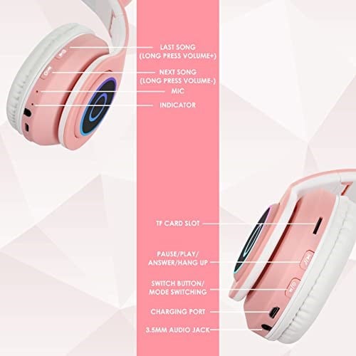 Sendowtek Çocuk Kulaklık, Kız Çocukları Bluetooth Kulak Üstü Sevimli Kedi Kulaklı Çocuk Kulaklığı LED Işıklı, Katlanabilir Kablosuz Çocuk Kulaklık Erkek Yetişkinler İçin Okul/Tablet/PC/Telefon
