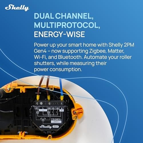 Shelly 2PM Gen4, Wi-Fi ile çalışan akıllı röle şalteri, 16A, güç ölçümü, panjur şalteri, ev otomasyonu, uzaktan kumanda, hub gerekmez, Alexa, HomeKit & Googlе, Zigbee, Matter, 1 adet