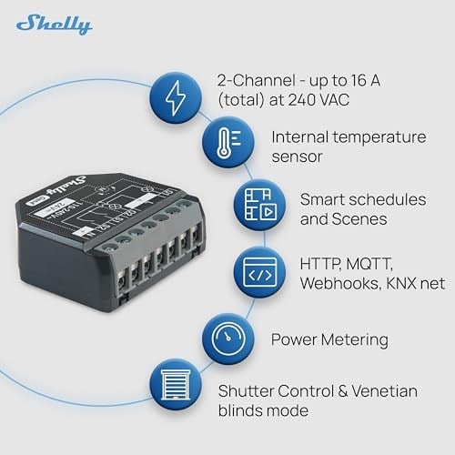 Shelly 2PM Gen4, Wi-Fi ile çalışan akıllı röle şalteri, 16A, güç ölçümü, panjur şalteri, ev otomasyonu, uzaktan kumanda, hub gerekmez, Alexa, HomeKit & Googlе, Zigbee, Matter, 1 adet