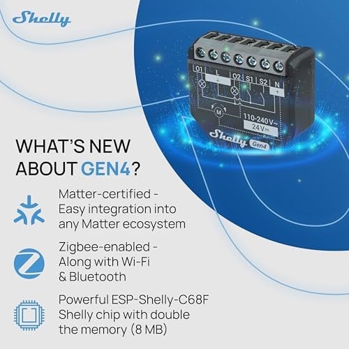 Shelly 2PM Gen4, Wi-Fi ile çalışan akıllı röle şalteri, 16A, güç ölçümü, panjur şalteri, ev otomasyonu, uzaktan kumanda, hub gerekmez, Alexa, HomeKit & Googlе, Zigbee, Matter, 1 adet
