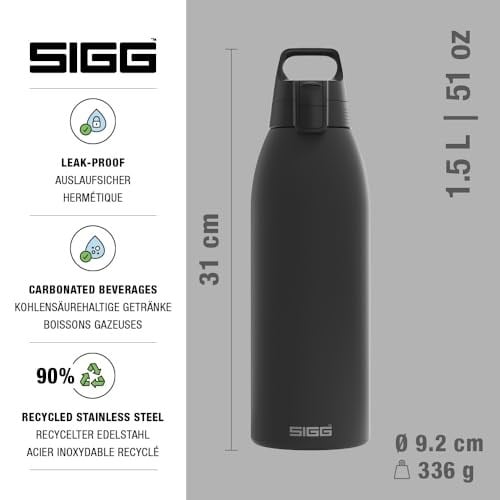 SIGG - Yalıtımlı içecek şişesi – termos Shield Therm One Black – gazlı içecekler – sızdırmaz – bulaşık makinesinde yıkanabilir – BPA içermez –%90 geri dönüştürülmüş paslanmaz çelik – siyah – 1,5 l