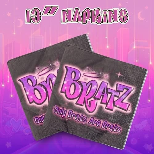Silver Buffalo Bratz Dolls 32 Parça Mor Kağıt Peçete ve Tabak Parti Paketi Yasmin, Sasha, Jade ve Cloe