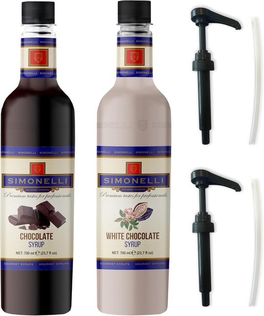SIMONELLI CHOCOLATE Kahve ve Kokteyl Şurubu Çikolata Aromalı + Beyaz Çikolata Aromalı 700 ml + 2 ADET POMPA