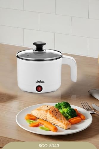 Sinbo SCO-5043 Çok Fonksiyonlu Buharlı Pişirici, 1 Litre, 400W, Cam Kapaklı, Buharda Sebze Pilav Makarna ve Yumurta Pişirme Özellikli Mini Elektrikli Pişirici