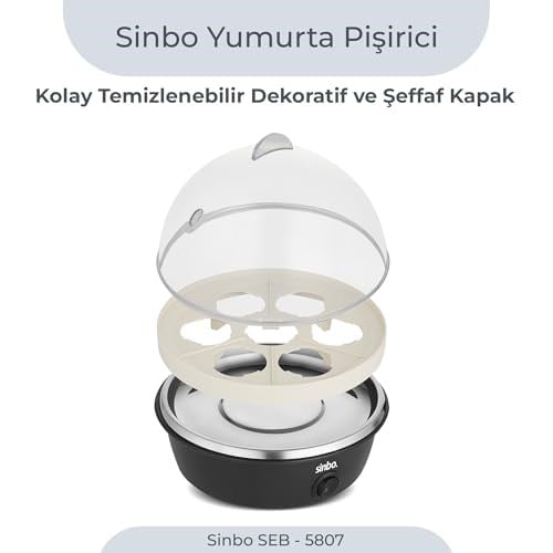 Sinbo SEB-5807 Yumurta Haşlama Makinesi, 7 Yumurtalık Elektrikli Yumurta Pişirici, 350 W, Otomatik Kapanma, Sesli Uyarı, Şeffaf Kapak