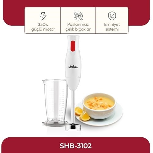 Sinbo SHB-3102 El Blenderi Çubuk Blender, Paslanmaz Çelik Uç, Ölçü Kabı Dahil, Çorba Sos Püre Smoothie Hazırlama, Ergonomik Tutuş, Beyaz