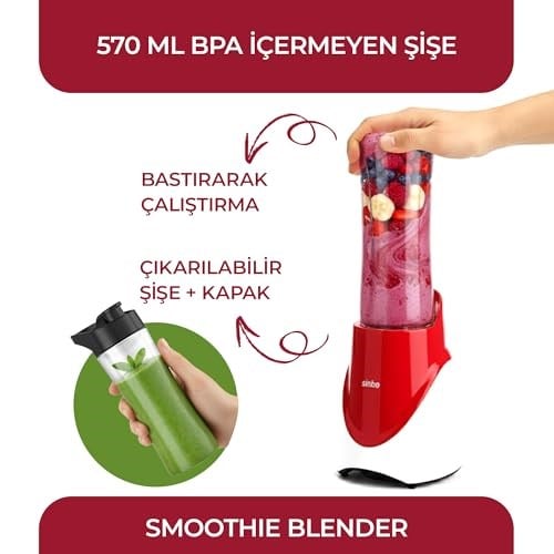Sinbo SHB-7508 Kırmızı Shake Take One | 300W Taşınabilir Smoothie Blender | 570 ml Spor Şişe - Çelik Bıçaklı Karıştırıcı