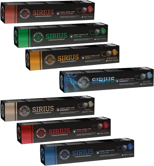 Sirius Premium Kapsül Kahve 7li Set (Lungo, Italy, Ristretto, Smooth, Sport, Decaf, Organik) (7 x 10 Adet)