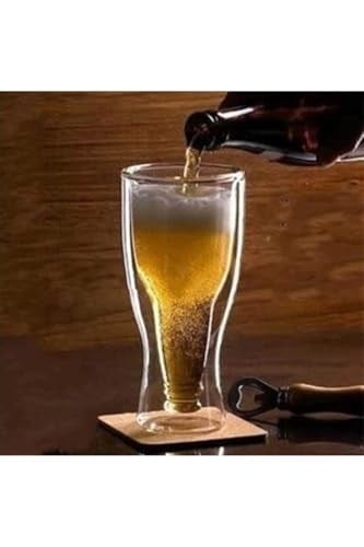 Şişe Tasarımlı Çift Cidarlı Cam Bardak, Bira Meşrubat 350 Ml