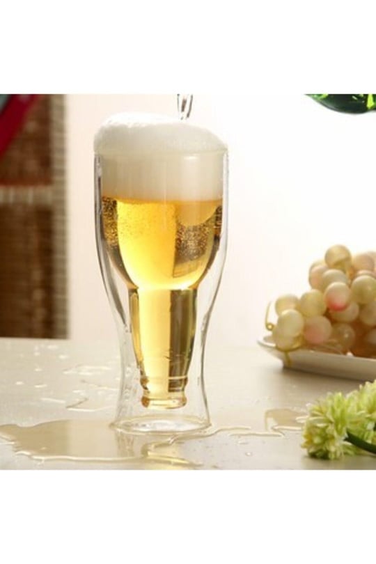 Şişe Tasarımlı Çift Cidarlı Cam Bardak, Bira Meşrubat 350 Ml