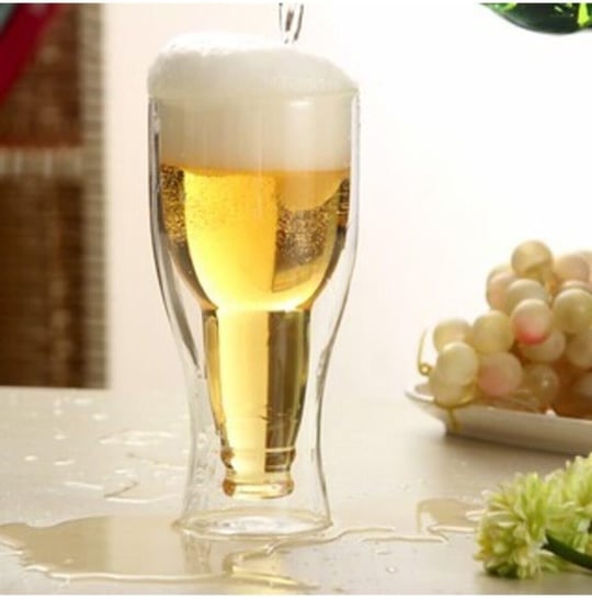 Şişe Tasarımlı Çift Cidarlı Cam Bardak, Bira Meşrubat 350 Ml