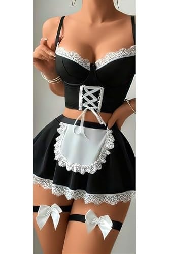 Siyah Beyaz S/M-L/XL Beden Etekli Hizmetçi Fantezi Kostüm
