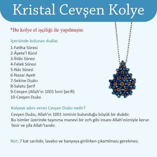 Siyah Cevşen Kolye (Kristal, Damla)