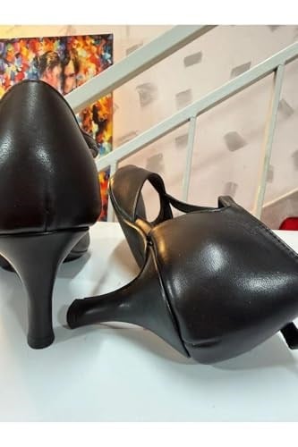 SİYAH DERİ T MODEL LATİN-SALSA-TANGO DANS VE SALON AYAKKABISI 7 CM 11 PONT KADEH MODEL KAPALI TOPUK