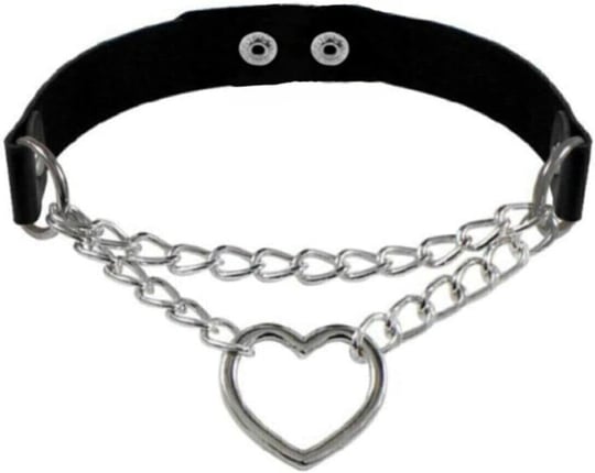 Siyah Deri Tasma Kalp Zincirli 37 Cm Choker Çıt Çıtlı Kadın Kolye