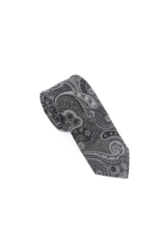 Siyah Gri Şal Motif Desen Kravat Mendil Set