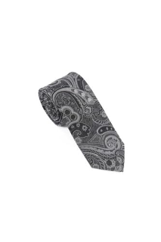 Siyah Gri Şal Motif Desen Kravat Mendil Set