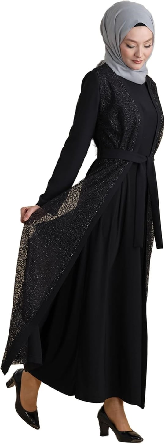 Siyah İkili Abaya Transparan Kristal Taşlı Kemerli Tesettür Ferace