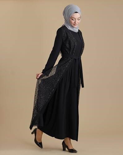 Siyah İkili Abaya Transparan Kristal Taşlı Kemerli Tesettür Ferace
