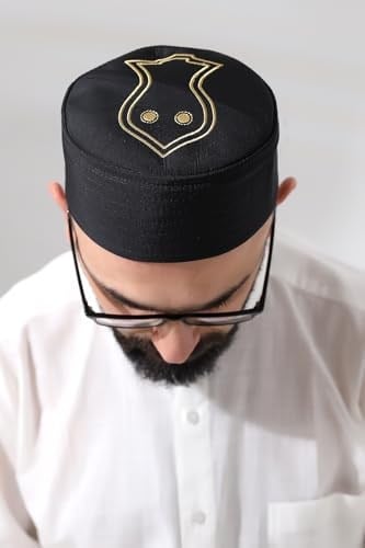 Siyah Kapitone Nalı Şerif Nakışlı Kalıp Namaz Takkesi