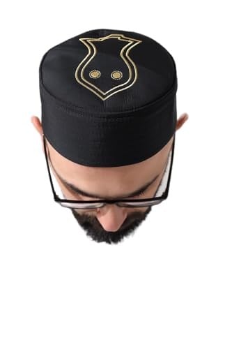 Siyah Kapitone Nalı Şerif Nakışlı Kalıp Namaz Takkesi