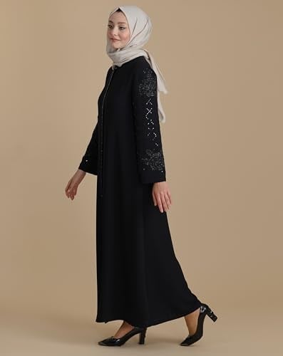 Siyah Kolları Kristal Taşlı Fermuarlı Tesettür Ferace