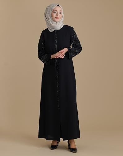 Siyah Kolları Kristal Taşlı Fermuarlı Tesettür Ferace