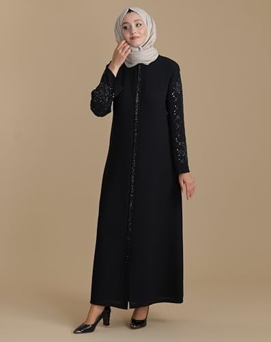 Siyah Kolları Kristal Taşlı Fermuarlı Tesettür Ferace