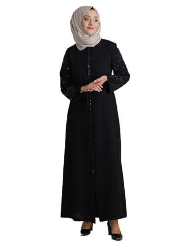Siyah Kolları Kristal Taşlı Fermuarlı Tesettür Ferace