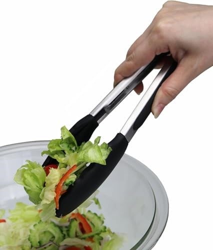 Siyah Silikon Uçlu Mutfak Maşası - 23 cm, Asma kilit sistemli paslanmaz çelik sap, Kolay Kavrama, Mangal, Salata, Makarna, Barbekü, Kamp için Uygun