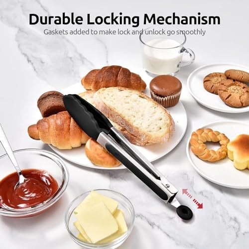 Siyah Silikon Uçlu Mutfak Maşası - 23 cm, Asma kilit sistemli paslanmaz çelik sap, Kolay Kavrama, Mangal, Salata, Makarna, Barbekü, Kamp için Uygun