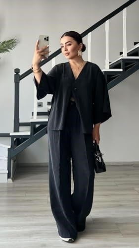 Siyah Tnsel Tek Düğme Bluz-Pantolon Takım - Bedenler: S, M