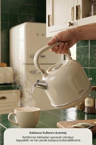 SK-8035 Bej Retro Kettle 2.2L Paslanmaz Çelik Elektrikli Su Isıtıcı 360° Kablosuz 1800W