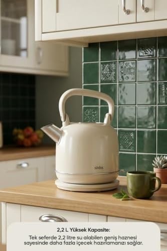 SK-8035 Bej Retro Kettle 2.2L Paslanmaz Çelik Elektrikli Su Isıtıcı 360° Kablosuz 1800W