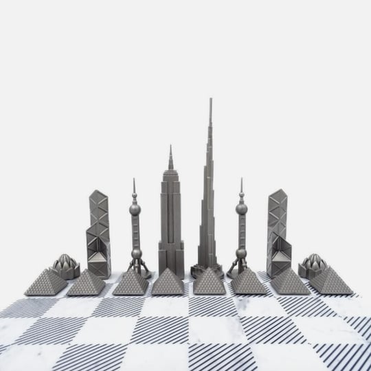 Skyline Chess Paslanmaz Çelik Izgara Desenli Mermer Dünya Simgeleri