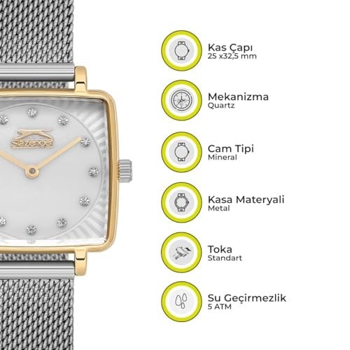 SLAZENGER, GOLD KARE KASA, BEYAZ KADRAN, ÇELİK HASIR KORDON, TAŞLI, QUARTZ, 25MM, 3ATM, KADIN KOL SAATİ, SL.09.2255.3.09