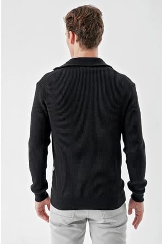 Slimfit Fermuarlı Boğazlı Yaka Çizgili Pamuklu Erkek Spor Triko Kazak - Bedenler: S, M, L, XL, XXL