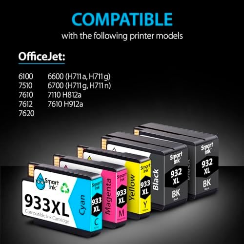 Smart Ink HP 932 XL 933 XL 932XL 933XL 5 için uyumlu yazıcı kartuşları, çoklu paket (2 siyah ve camgöbeği/macenta/sarı) HP Officejet 6600 6700 7612 7510 7110 610 için yüksek kapasiteli kartuşlar