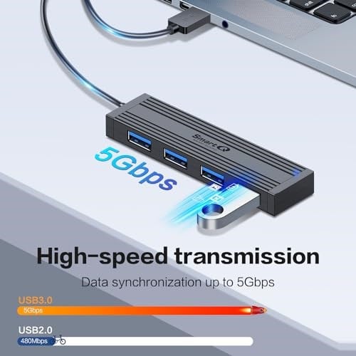 SmartQ USB Hub: Dizüstü Bilgisayarlar için USB Dağıtıcı, Çok Bağlantı Noktalı USB 3.0 Hub, Çoklu USB Bağlantı Noktası Genişletici, Hızlı Veri Aktarımı 4 Portlu USB Hub, Windows PC, Mac, Yazıcılar ve