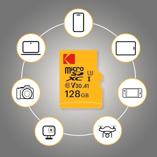 Smartree Kodak Mikro SD kart, 128 GB, UHS-I U3 V30 A1 microSDHC/XC – Mikro SD hafıza kartı – 95 MB/sye kadar okuma hızı – yazma hızı maks. 85 MB/s – ek bellek multimedya cihazları