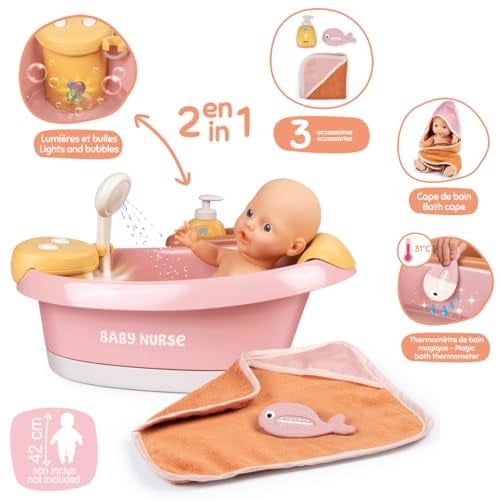 Smoby Baby Nurse - Jakuzi küveti, 42 cmye kadar bebekler için - Elektronik modül, su jetleri, kabarcıklar, LED ışıklar, çok sayıda aksesuar, oyun fonksiyonu, 3 yaşından itibaren